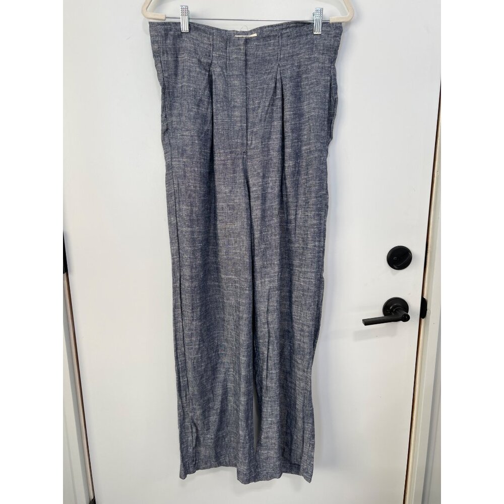 Max Studio Small Blue Chambray Wide-Leg Womens Pants With Adjustable Waist & Sid